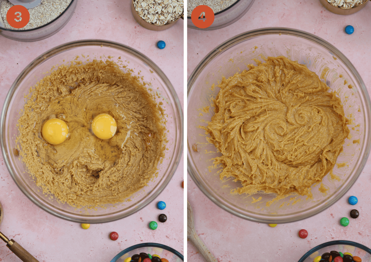 Adding the eggs to the monster cookie dough.