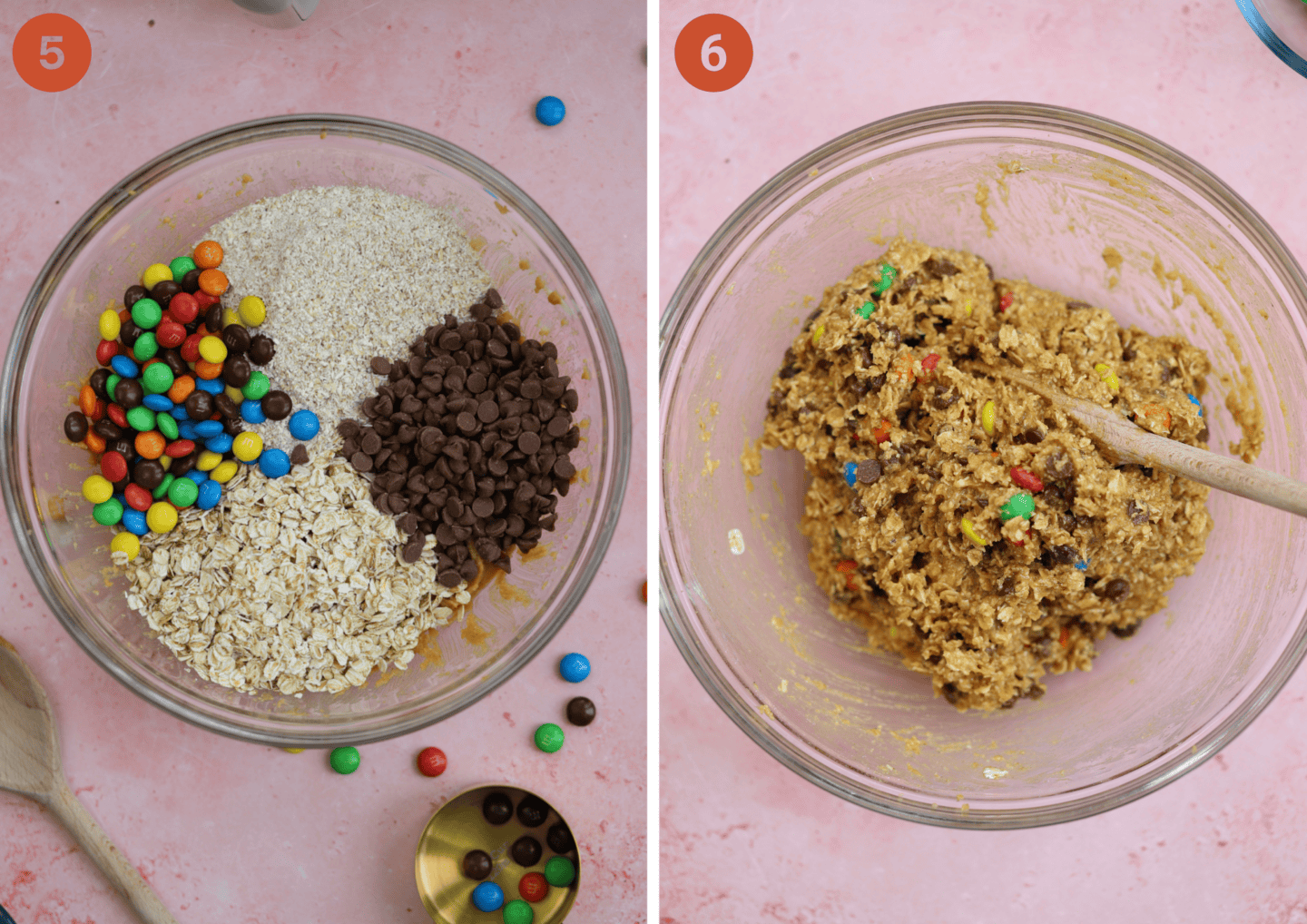 The dry cookie dough ingredients before and after mixing.