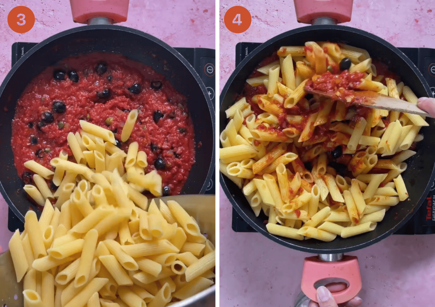 Adding the gluten free pasta to the puttanesca sauce.