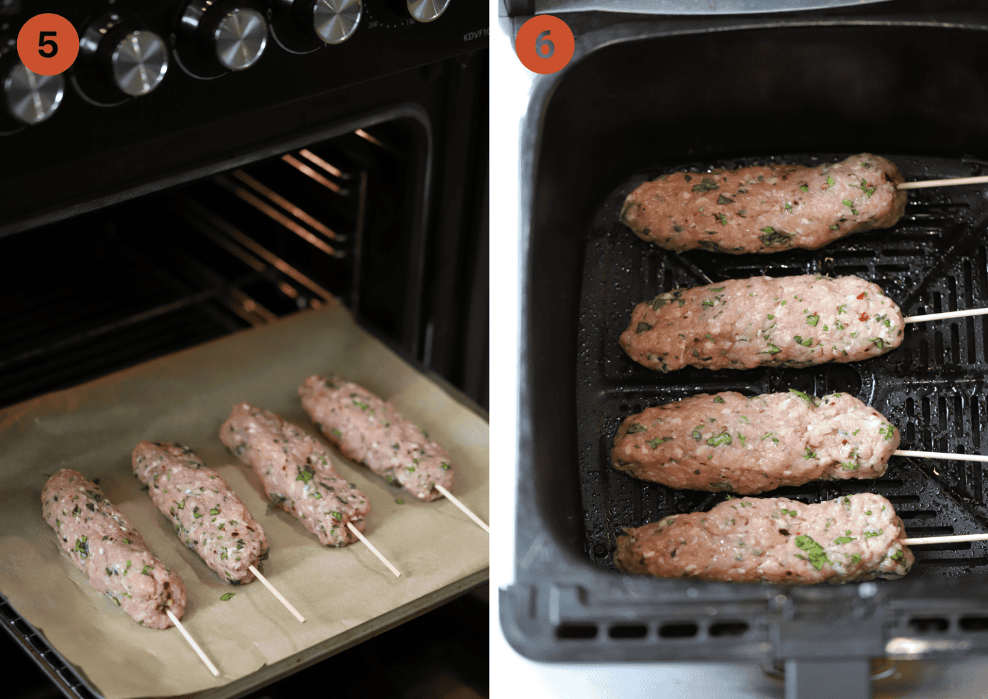 The pork koftas in the oven (left) and air fryer basket (right).