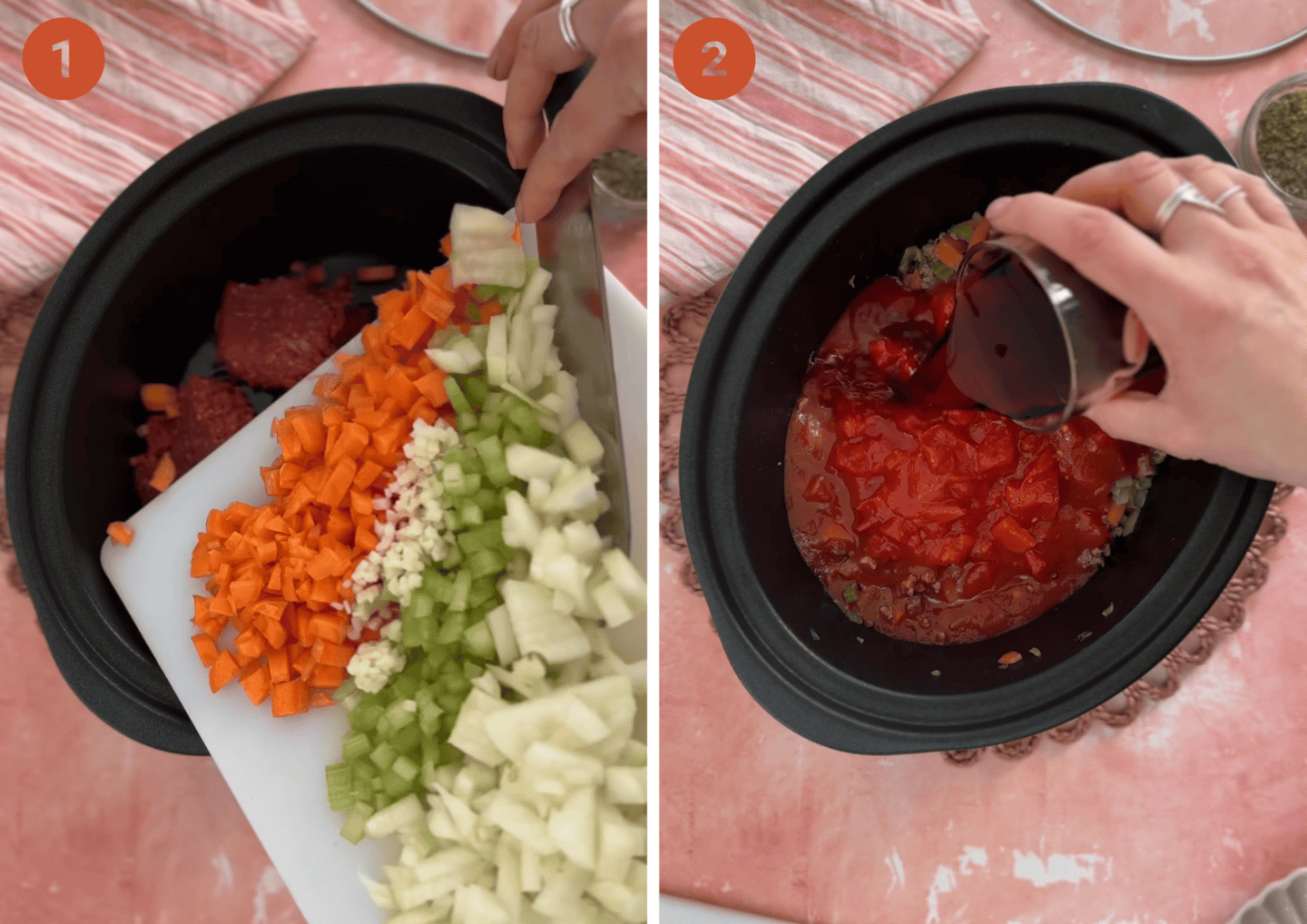 Adding the ingredients to the slow cooker for lasagne.