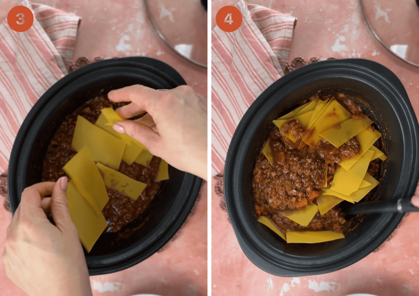 Break up the gluten free lasagne sheets and add to the crockpot.