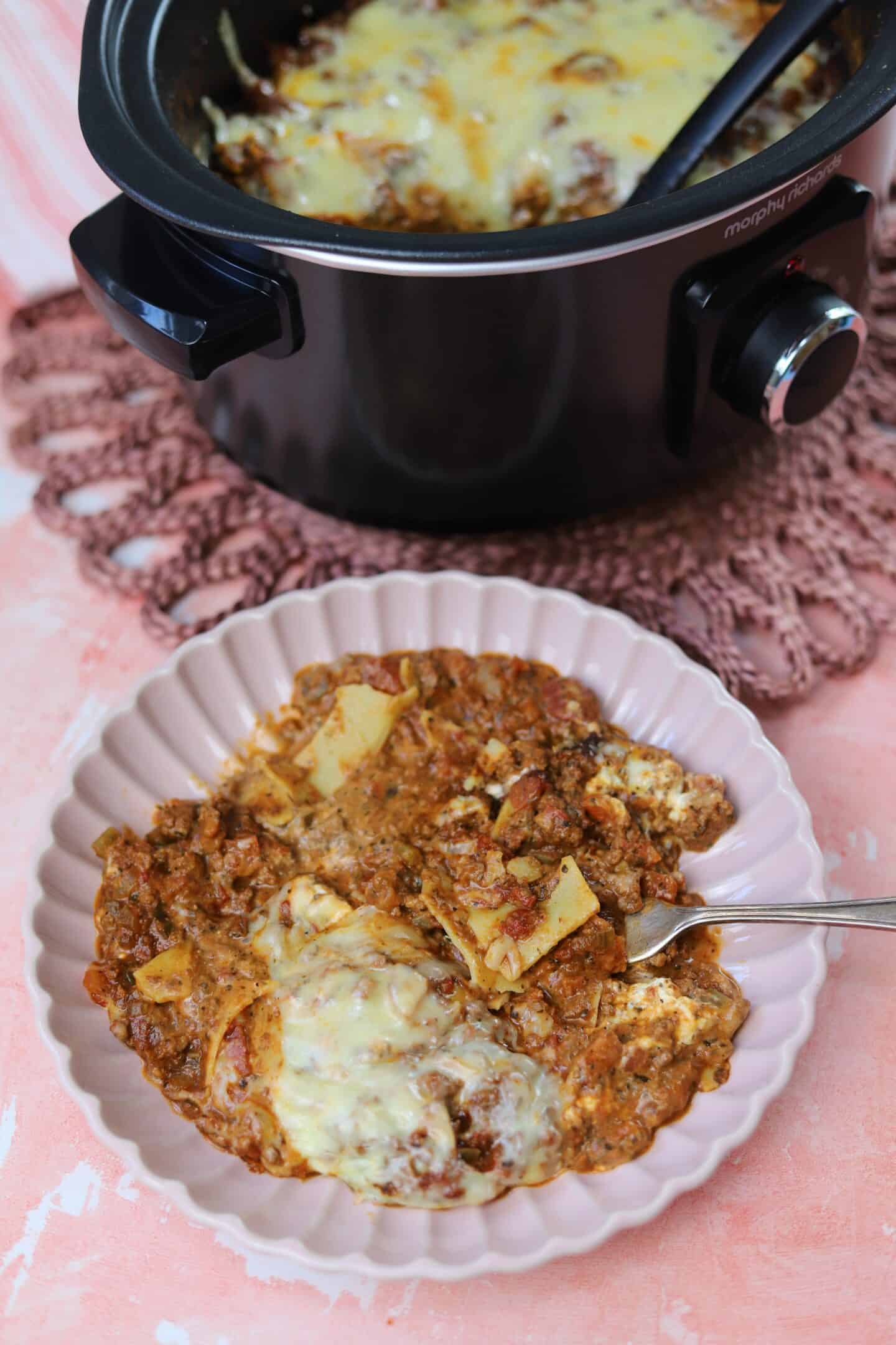 A bowl of slow cooker lasagne.