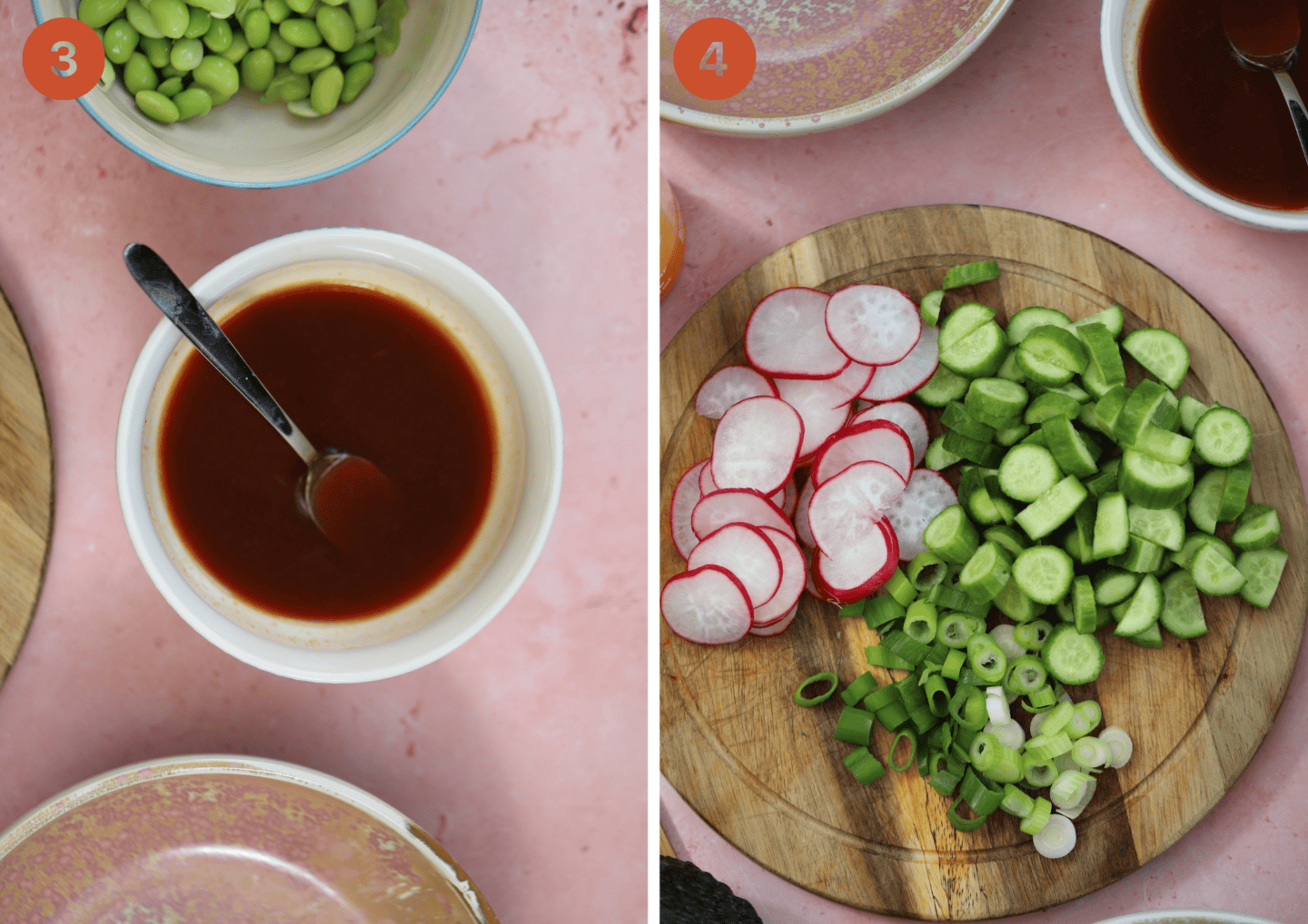 The sushi bowl marinade (left) and chopped veg on a chopping board.