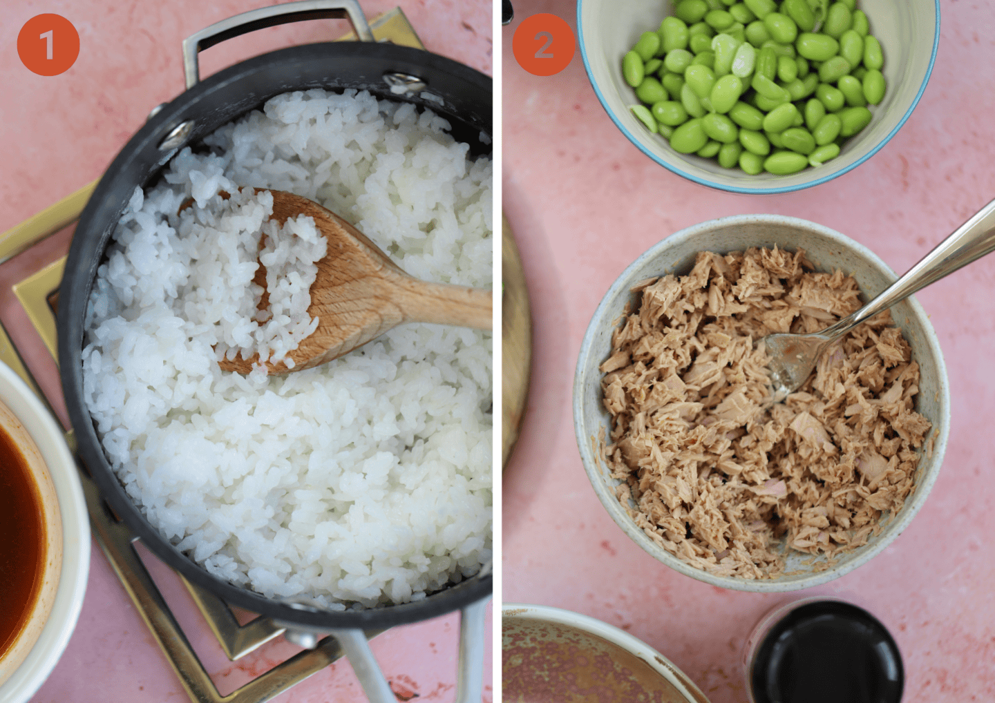 Cooked sushi rice in a pan and canned tuna in a bowl.