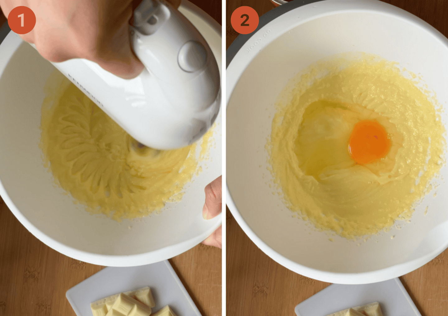 Mix the butter and sugar and then add an egg to the mixing bowl.
