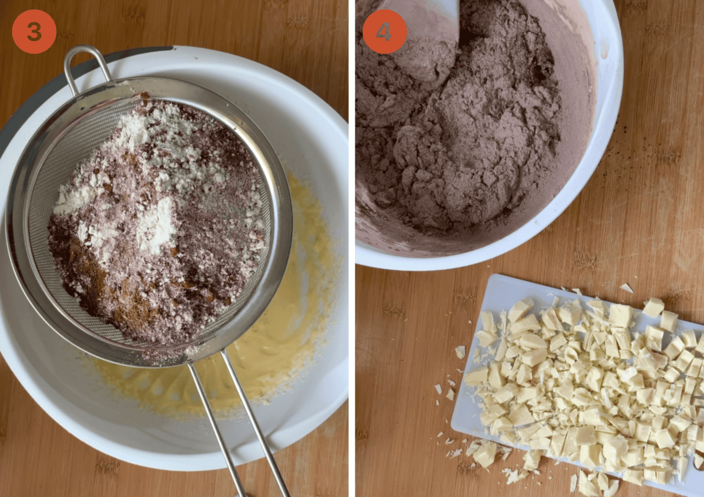 Sifting in the flour and cocoa powder and adding the chopped white chocolate.