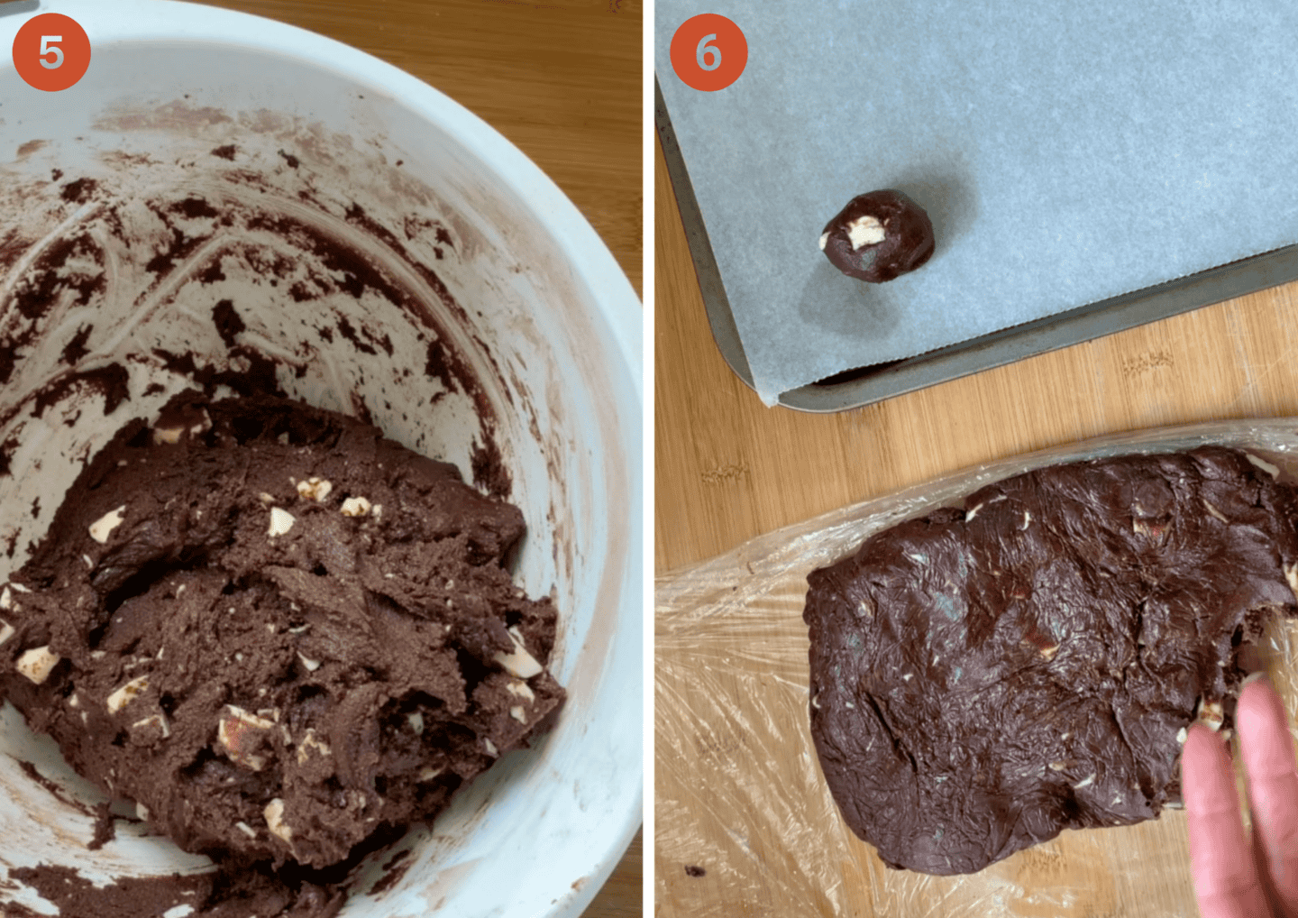 The cookie dough before chilling (left) and after being rolled into balls.