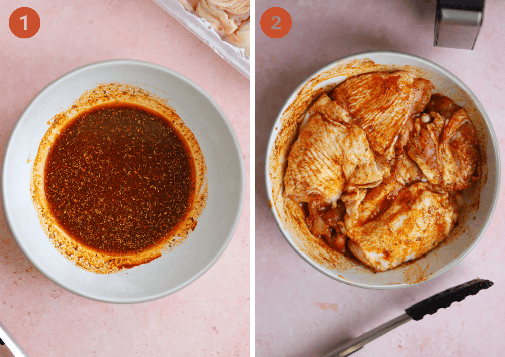 Mixing the marinade and then adding the chicken thighs to the marinade and coating in a bowl.