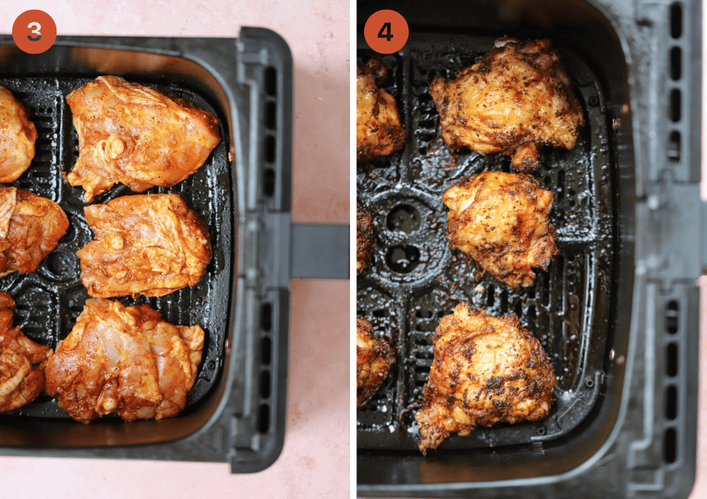 The skin-on chicken thighs in the air fryer basket before and after cooking.