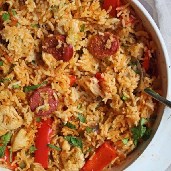 A pan of chicken and chorizo jambalaya.