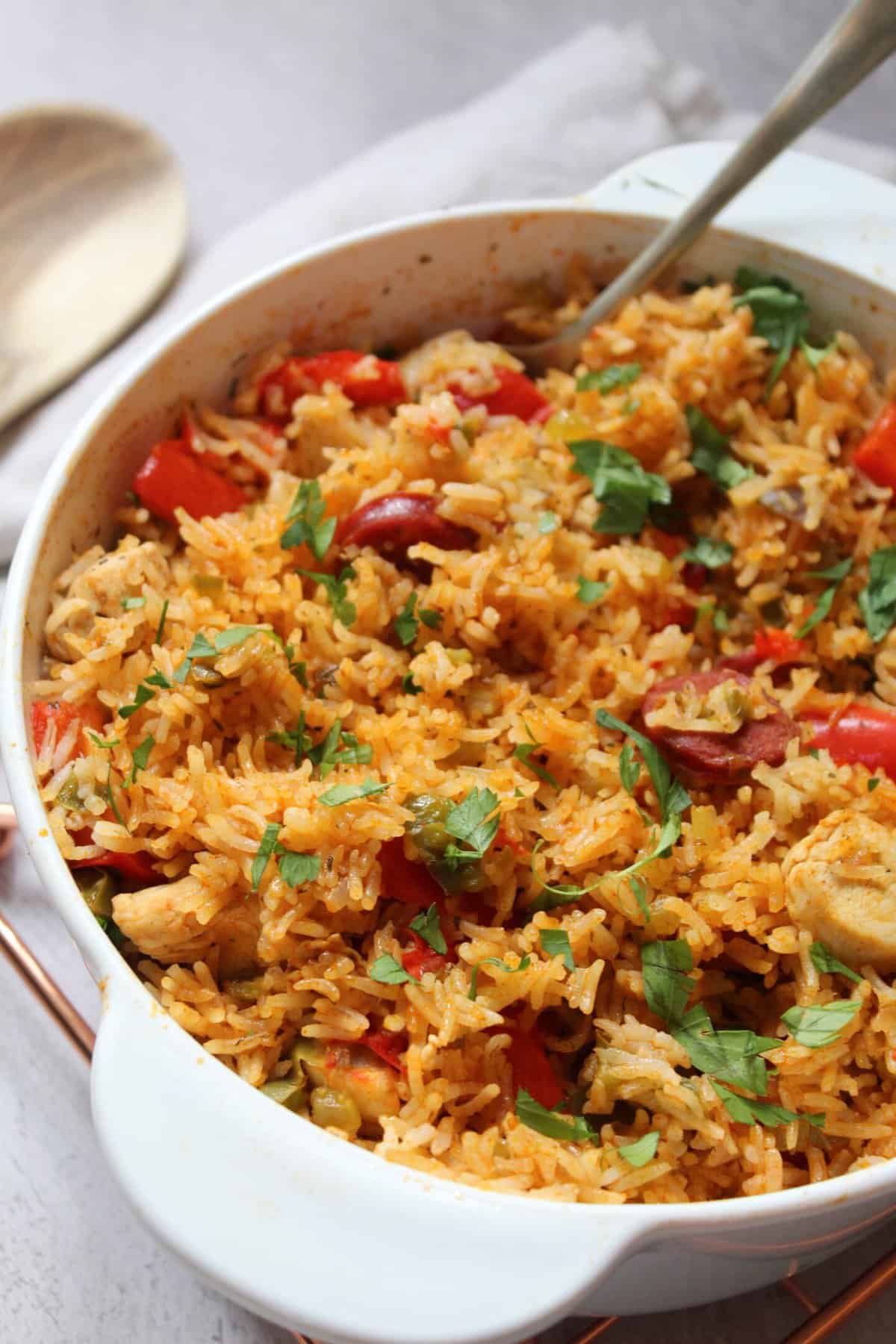 A pan of chicken and chorizo jambalaya.