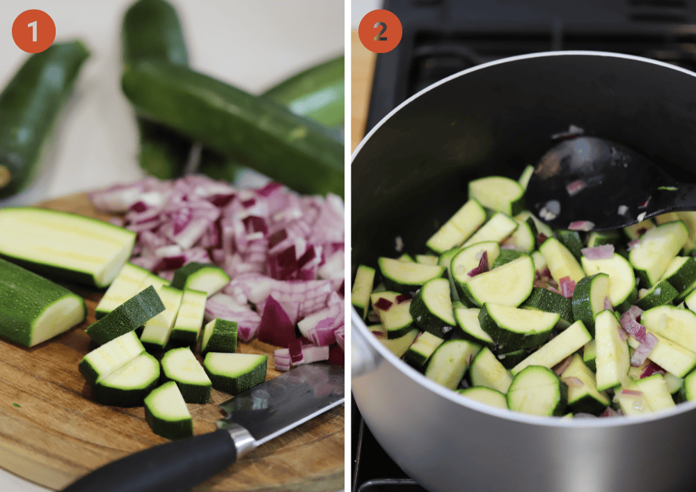 Chopped onions and courgette on a board and then in a large pan.