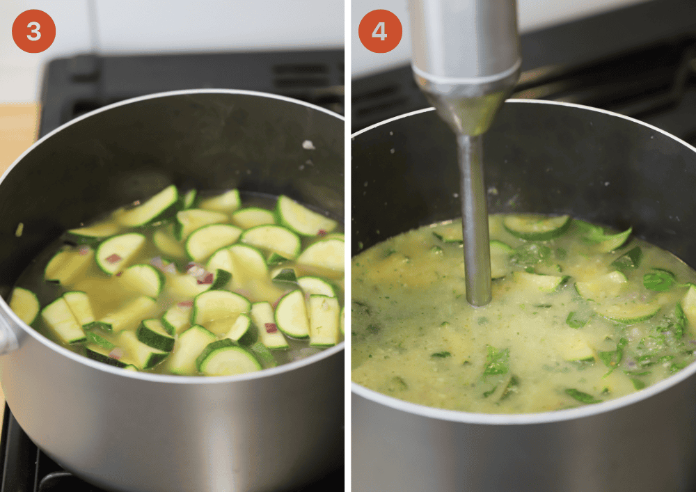 The courgette soup in a pan before and after being blended with a stick blender.