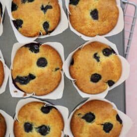 A tray of gluten free blueberry muffins.