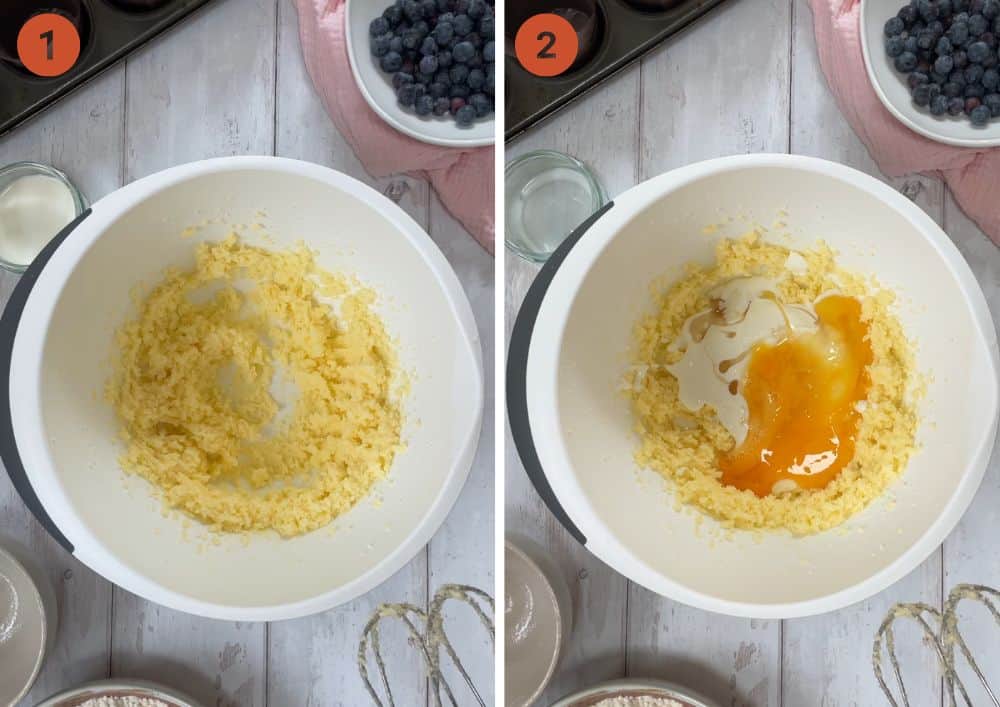 The batter for blueberry muffins in stages showing an egg being added.