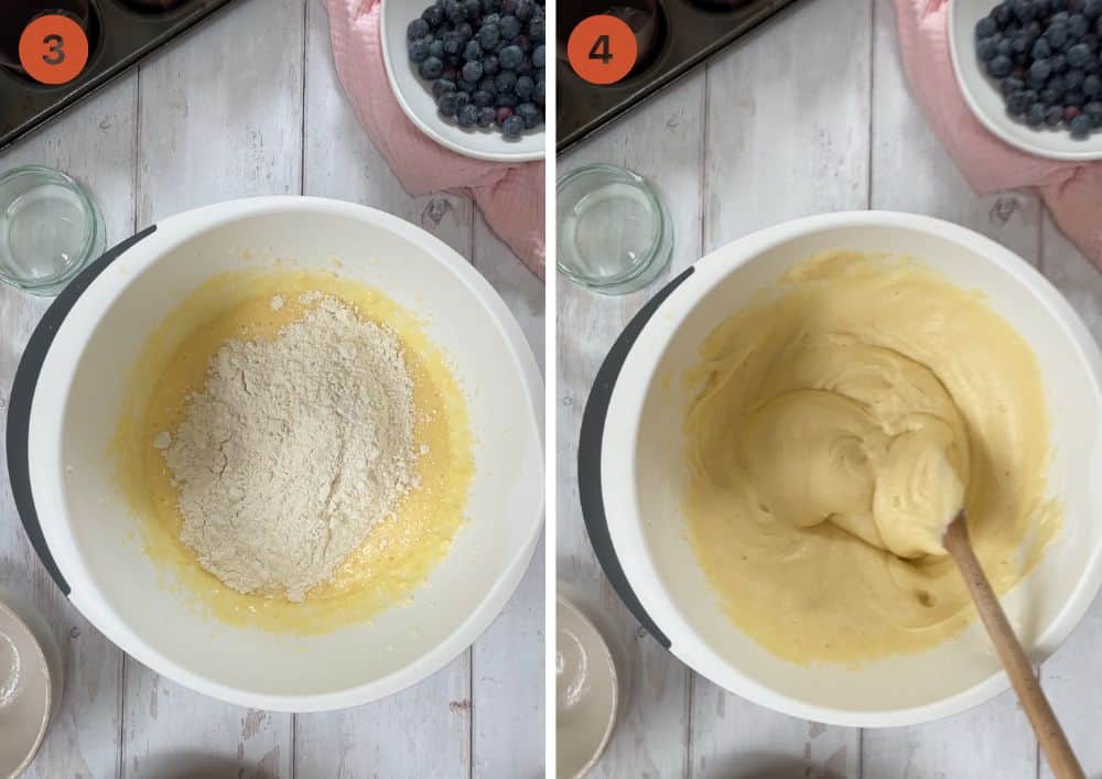 Adding the flour to the gluten free muffin batter in a mixing bowl.