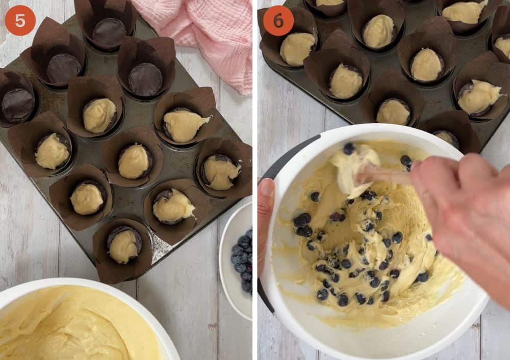 Adding the blueberry muffin batter to the baking tin.