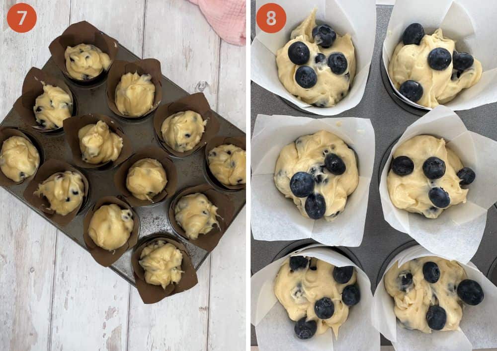 The gluten free blueberry muffin batter in a baking tin before baking.