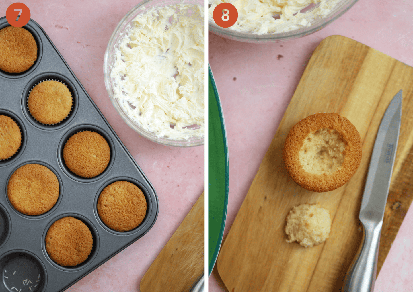 The gluten free butterfly cakes in the baking tin and (right) with the centre cut out.