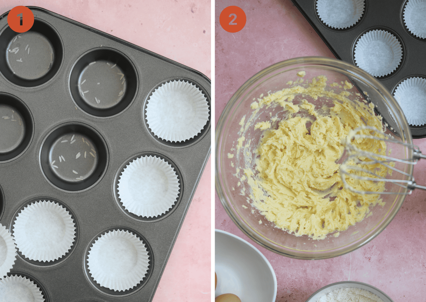 Fairy cakes in a cake tin and the start of the fairy cake batter in a bowl.