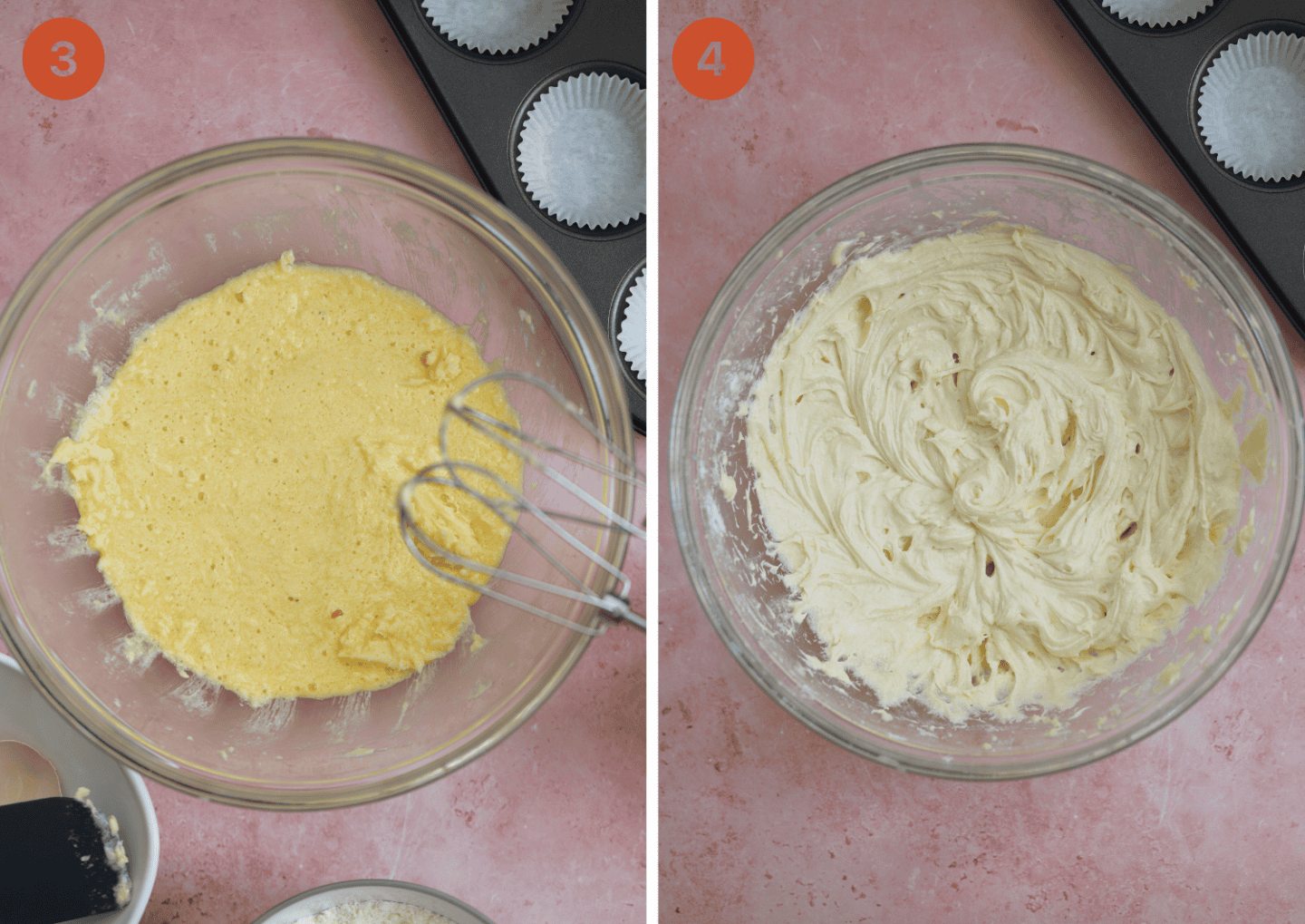 Fairy cake mixture after adding the eggs (left) and the flour (right).