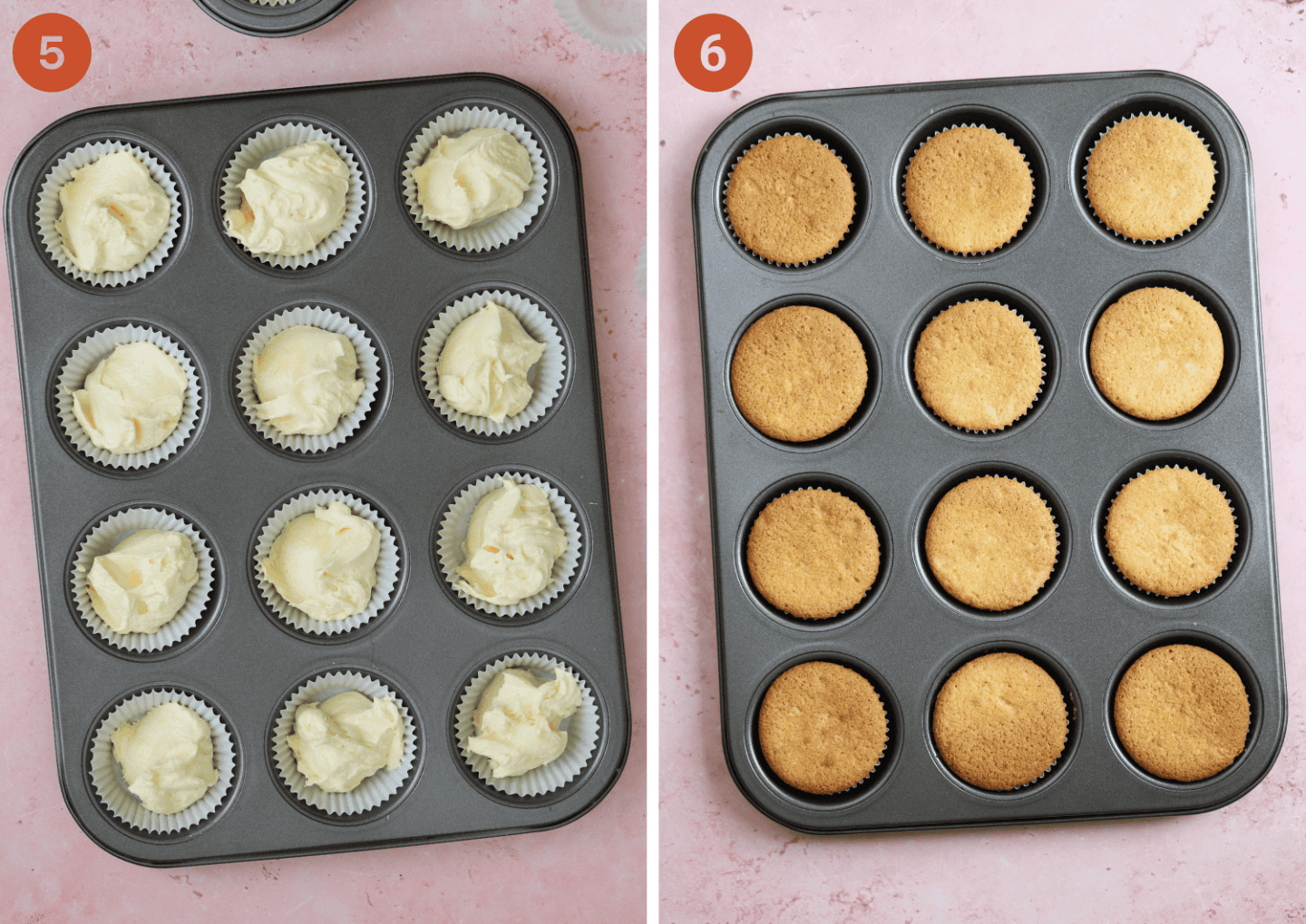 Gluten free fairy cakes in a tin before and after baking.