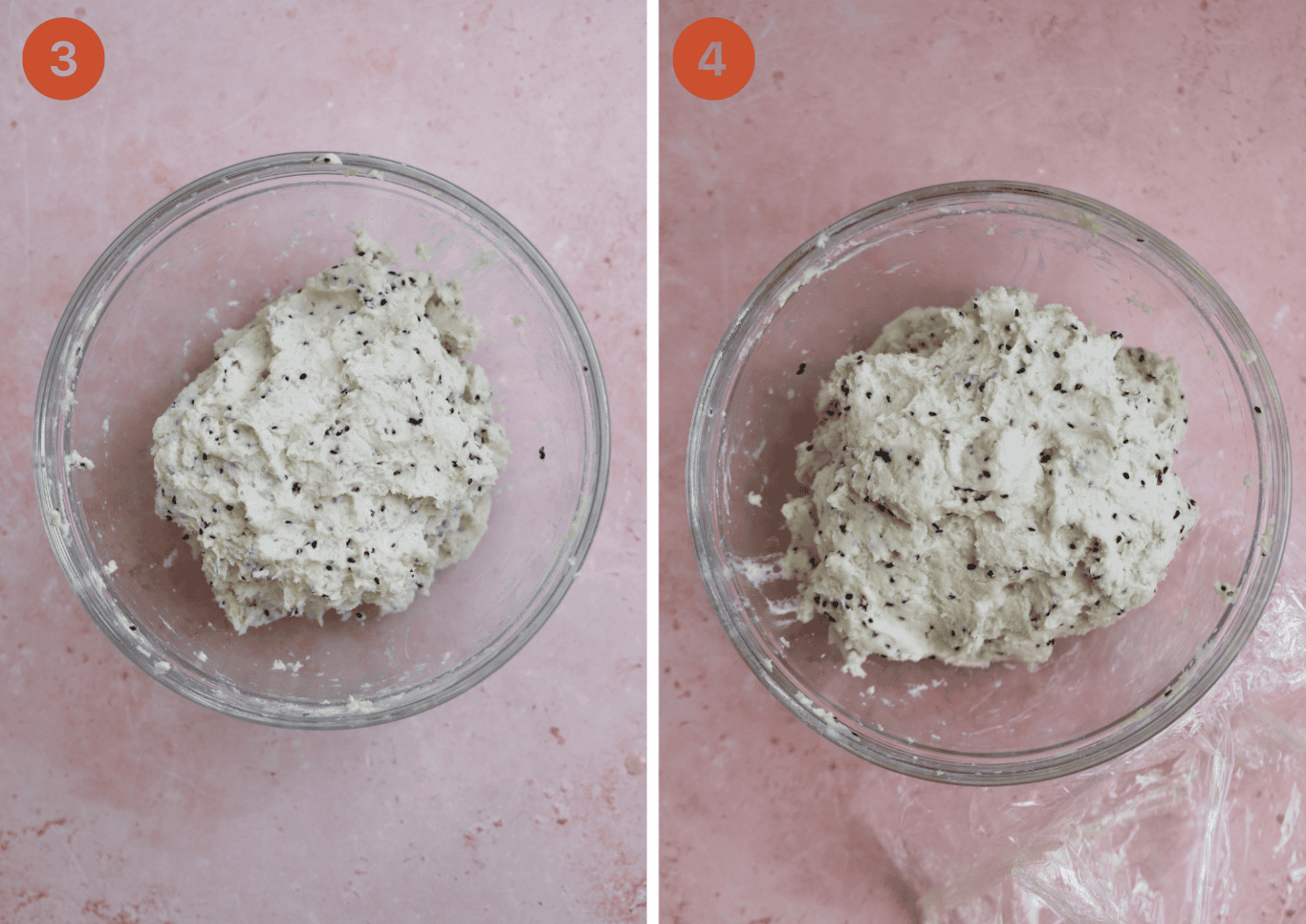 The naan bread dough before and after proving.