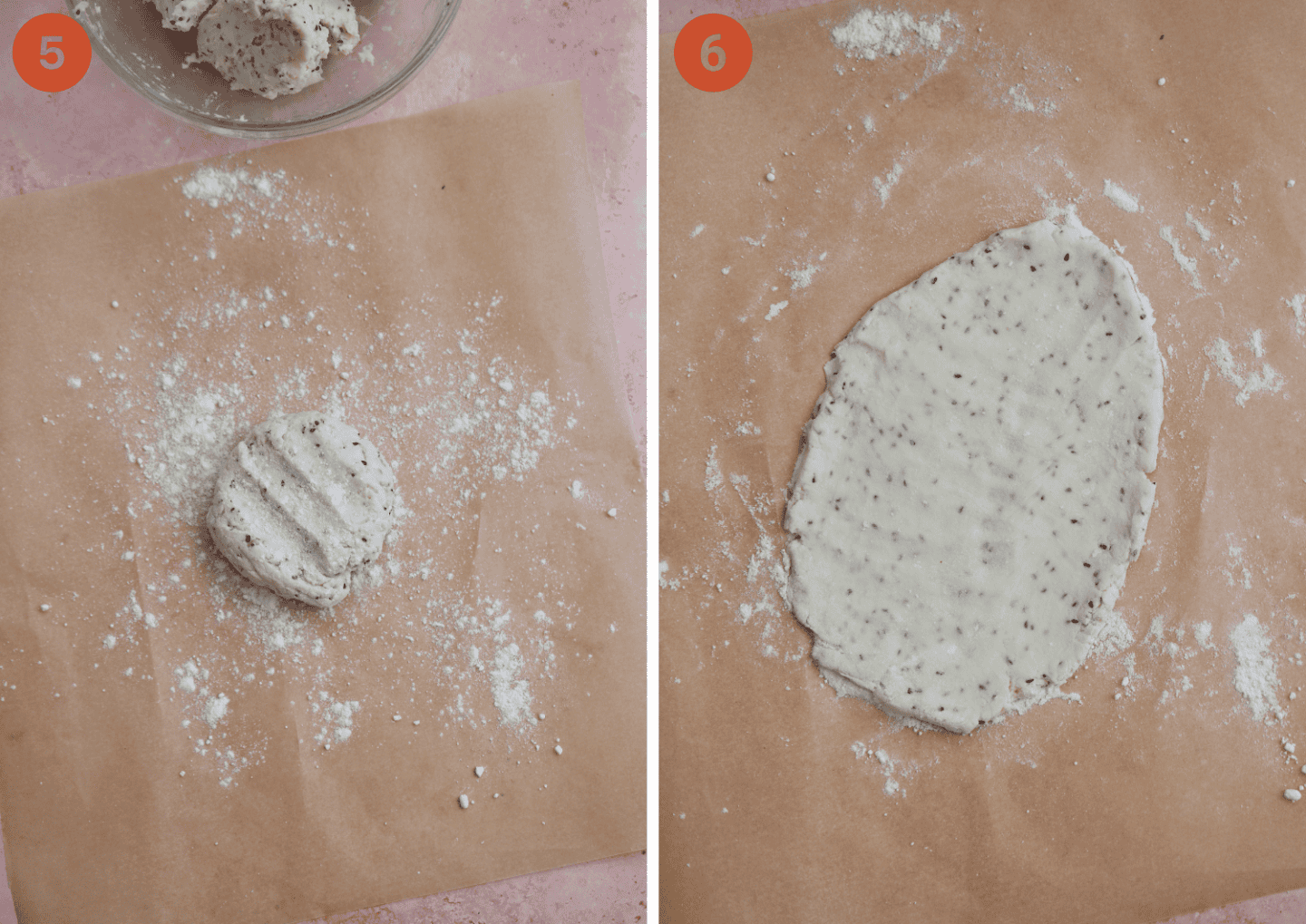 Bread dough on floured baking paper being shaped into a naan bread.