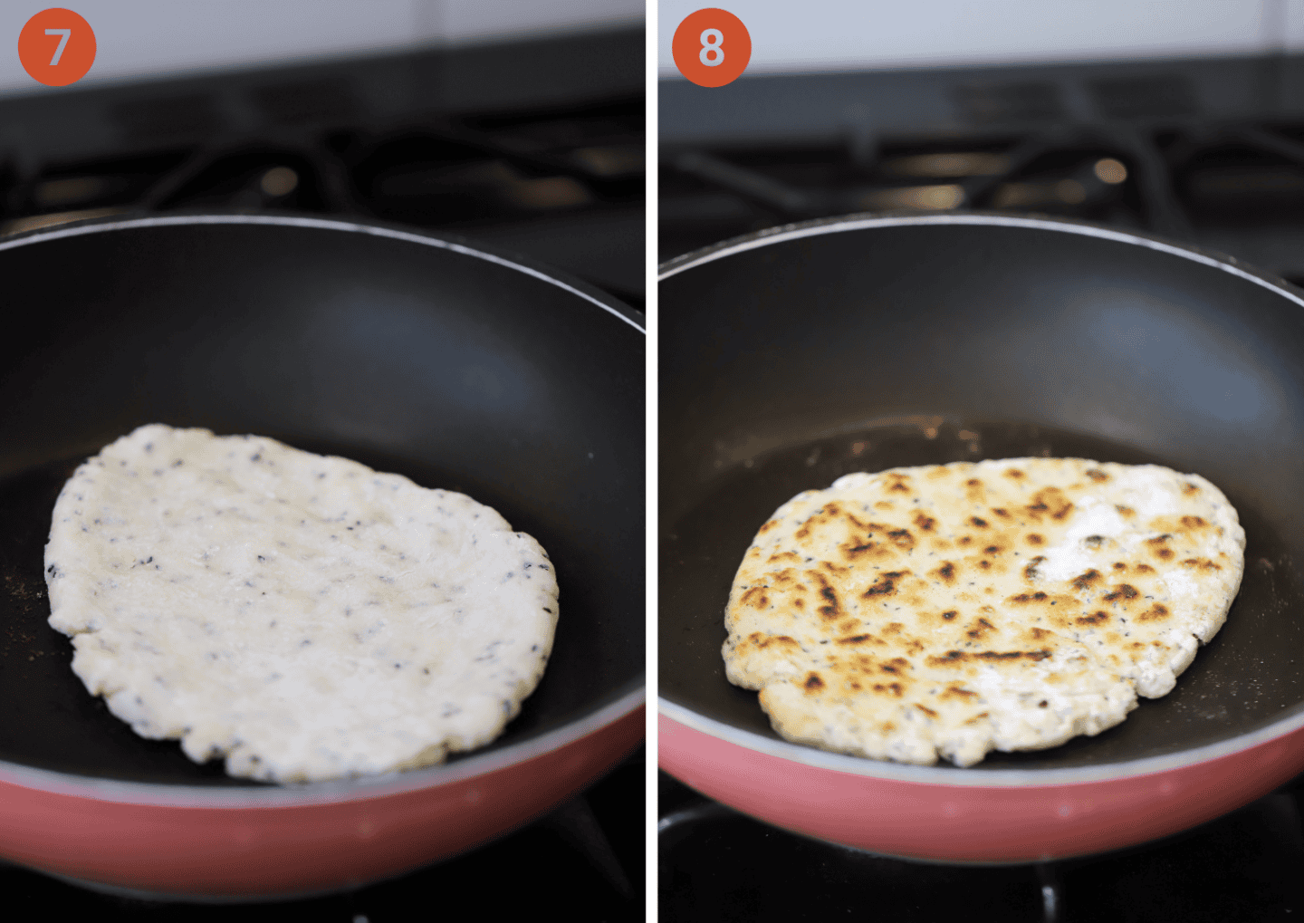 The naan bread in the pan before and after being flipped over.