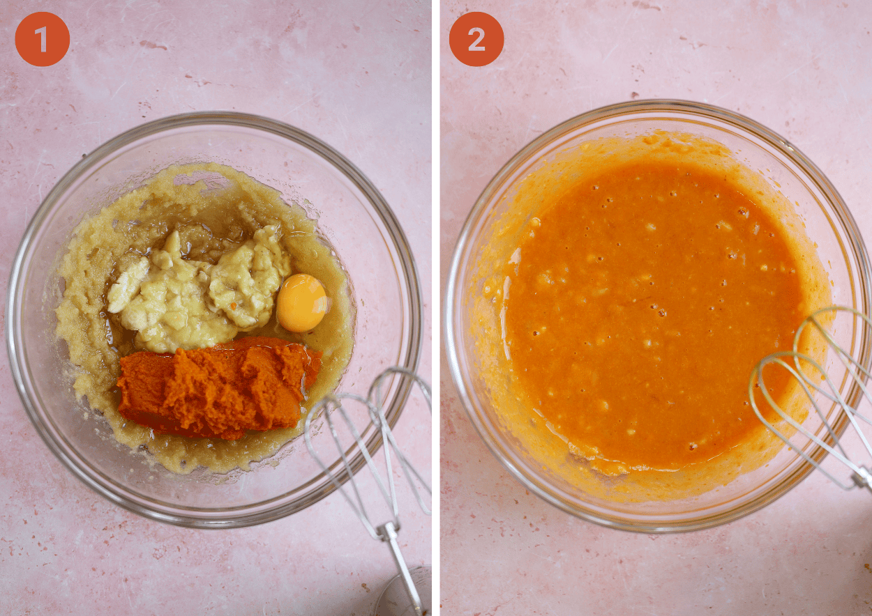 Mixing the wet ingredients for the pumpkin banana muffins.