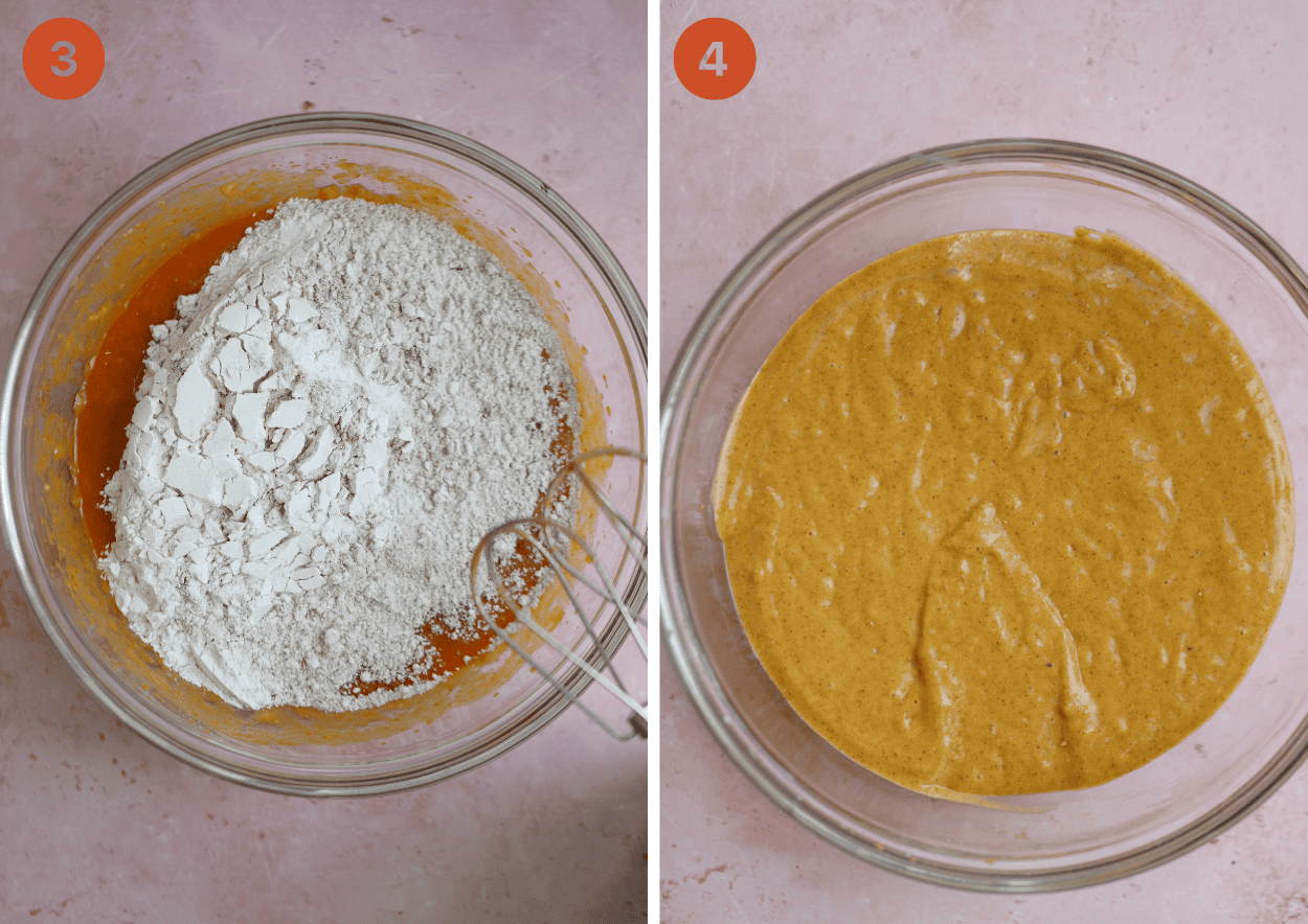 Mixing the dry ingredients into the wet ingredients for the pumpkin banana muffins.