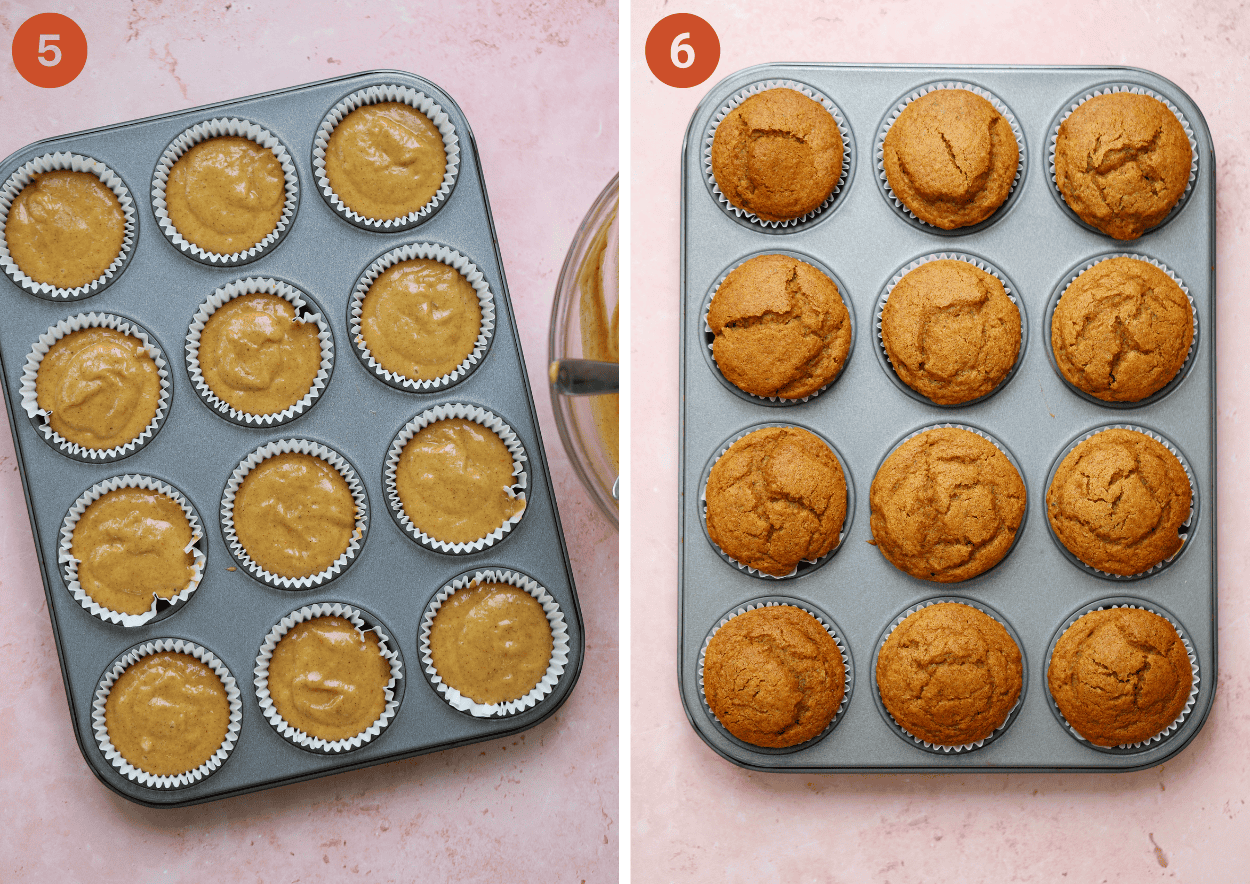 The pumpkin banana muffins in a tin before and after baking.