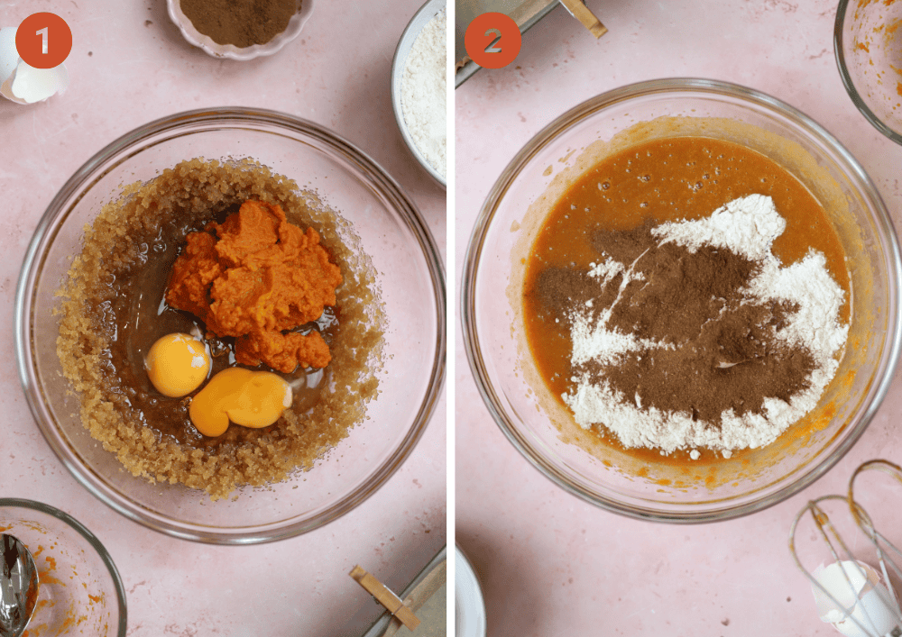 Making the pumpkin spice bread batter, adding eggs and pumpkin puree then flour and spices.