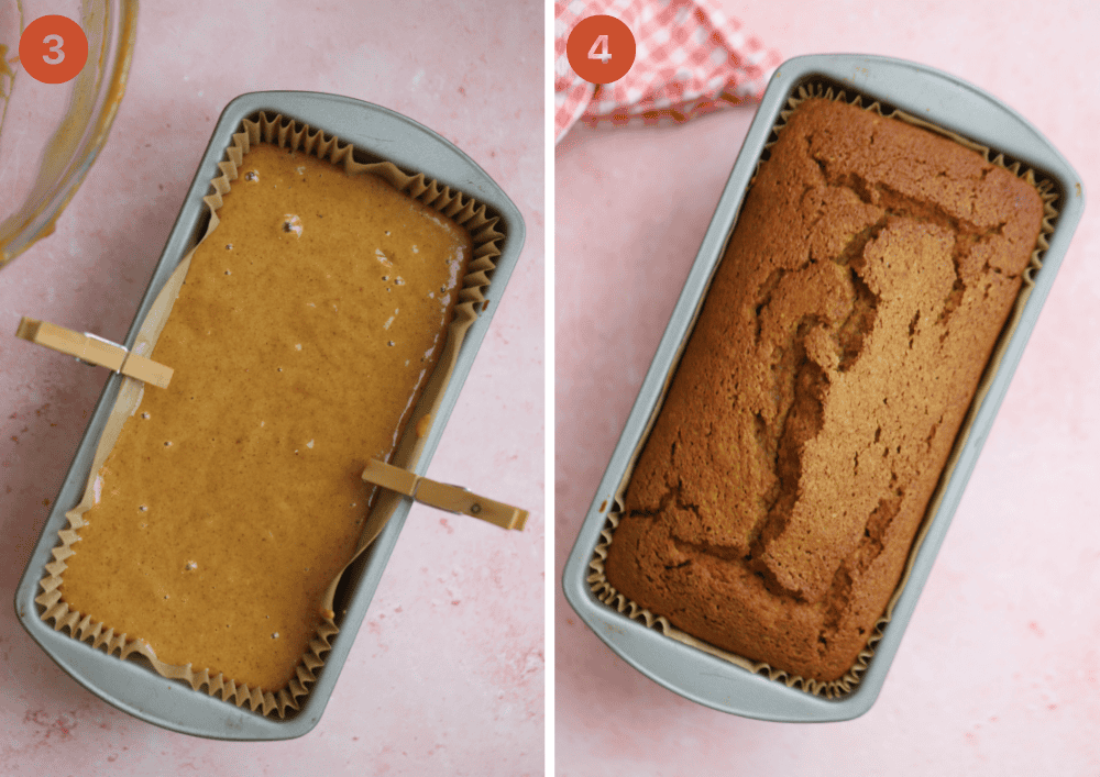 The gluten free pumpkin bread before and after baking.