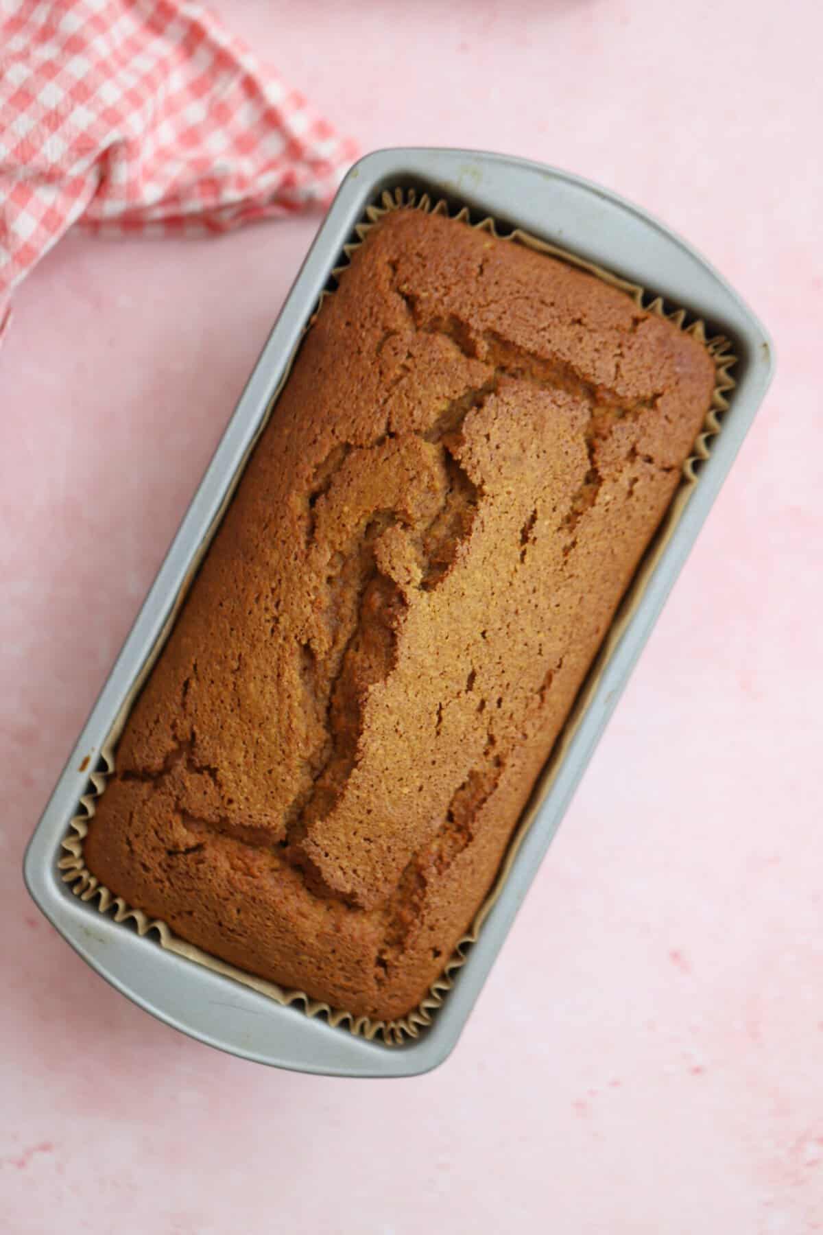 A gluten free pumpkin bread in the tin.