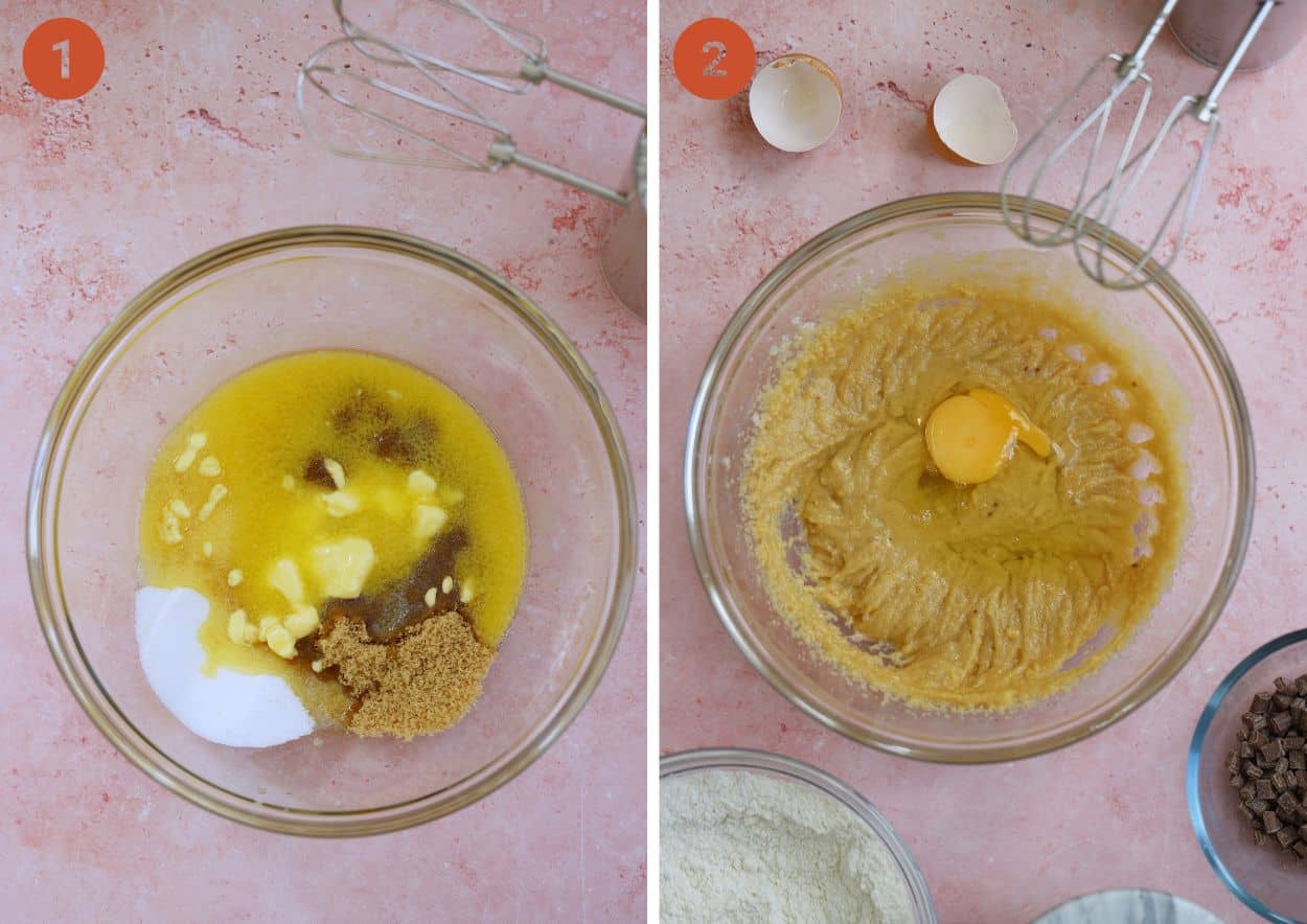 Mixing the butter, sugars and egg into the gluten free s'mores cookie dough.