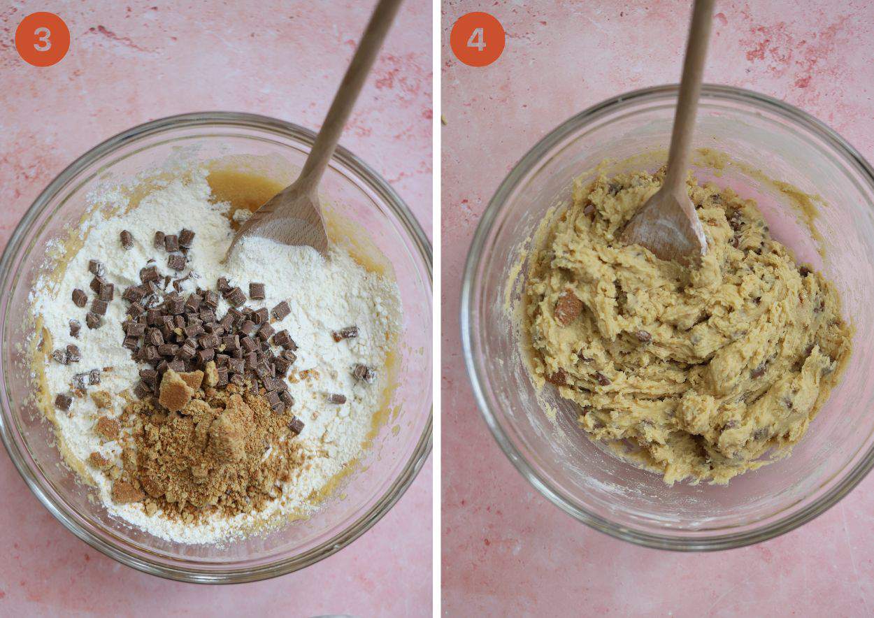 Recipe steps showing the flour, chocolate chips and biscuit added to the cookie dough and then mixed in.