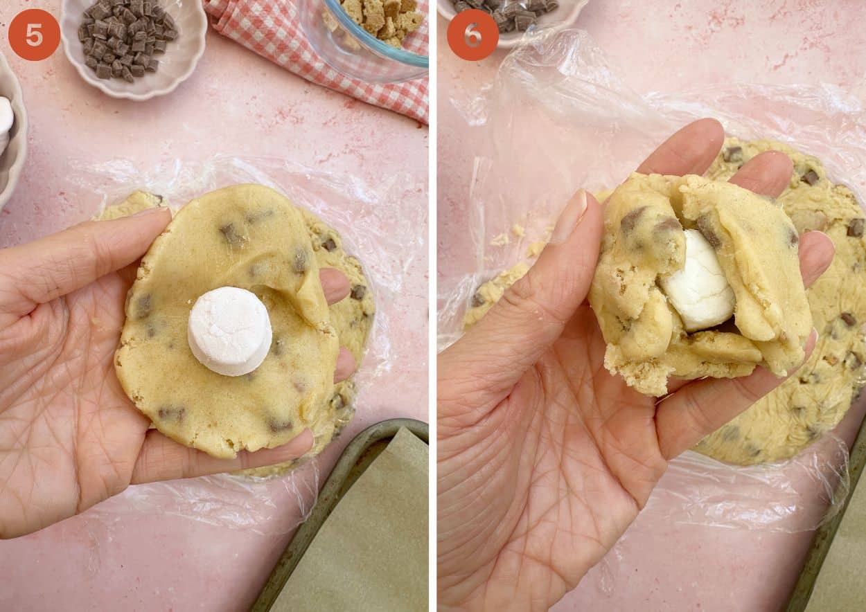 Image shows a hand wrapping gluten free cookie dough around a marshmallow.