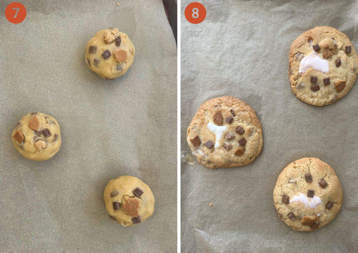 Gluten free s'mores cookies on a baking tray before and after baking.