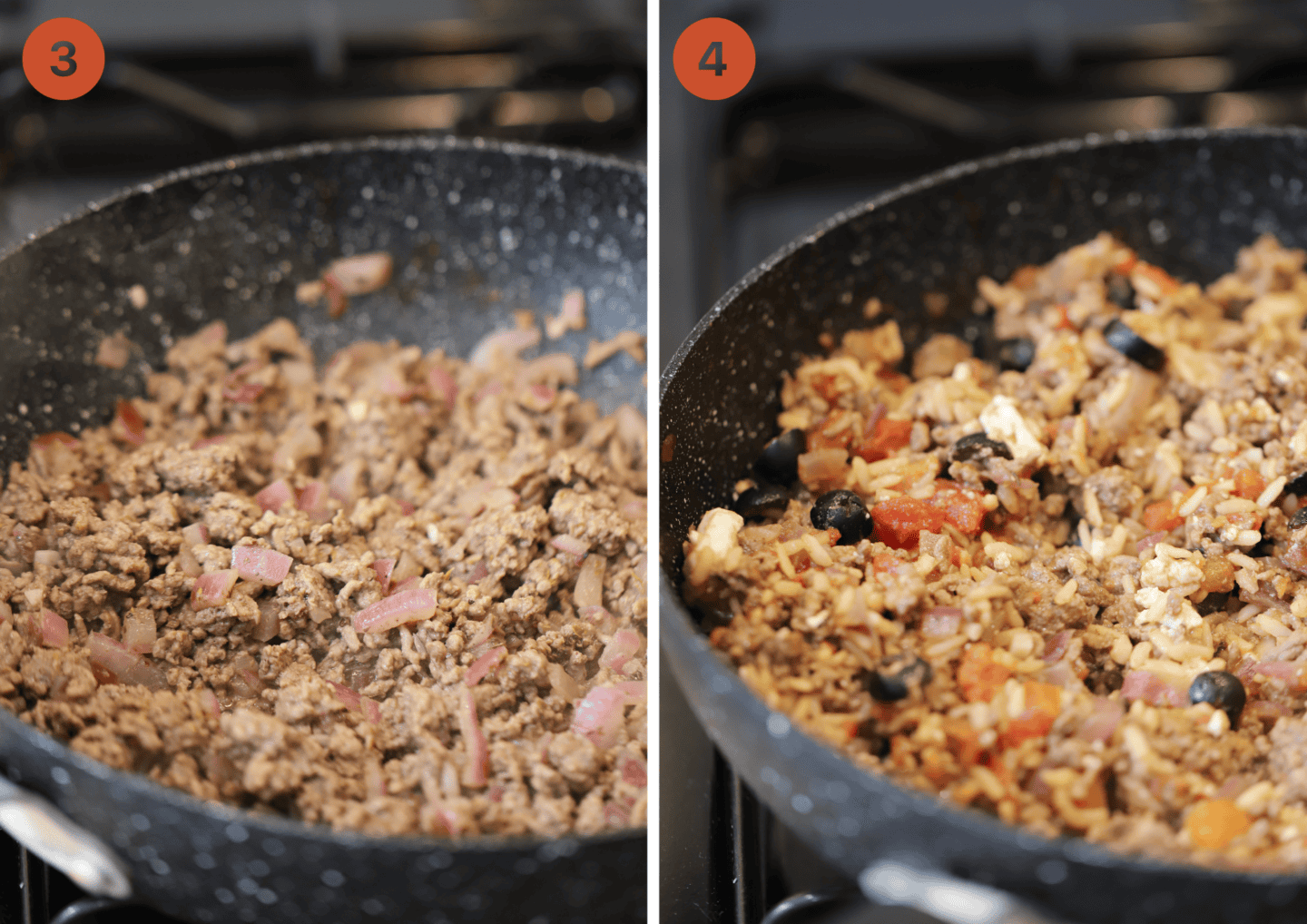 Beef mince in a pan and (right) the finished stuffed pepper filling with mince, rice, olives and feta.