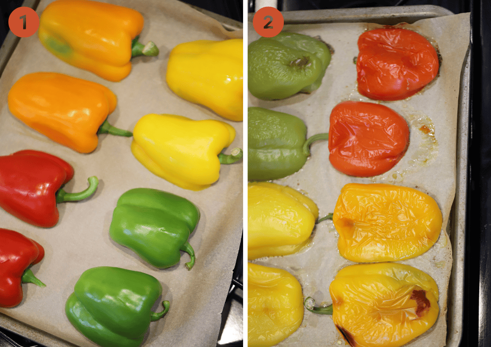 Peppers on a baking tray before and after roasting.