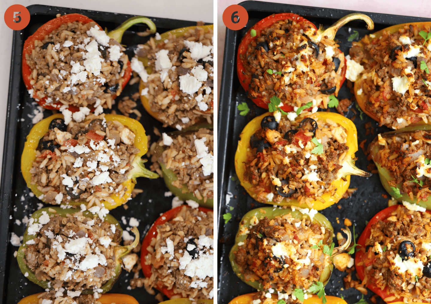 Gluten free stuffed peppers on a baking tray before and after baking.