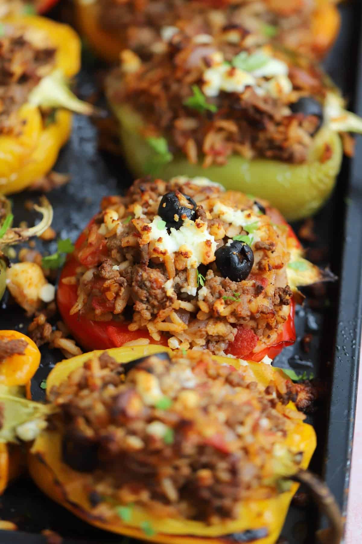 Greek stuffed peppers with olives and feta cheese.