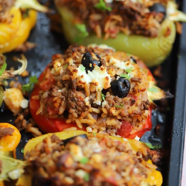 Greek stuffed peppers with olives and feta cheese.