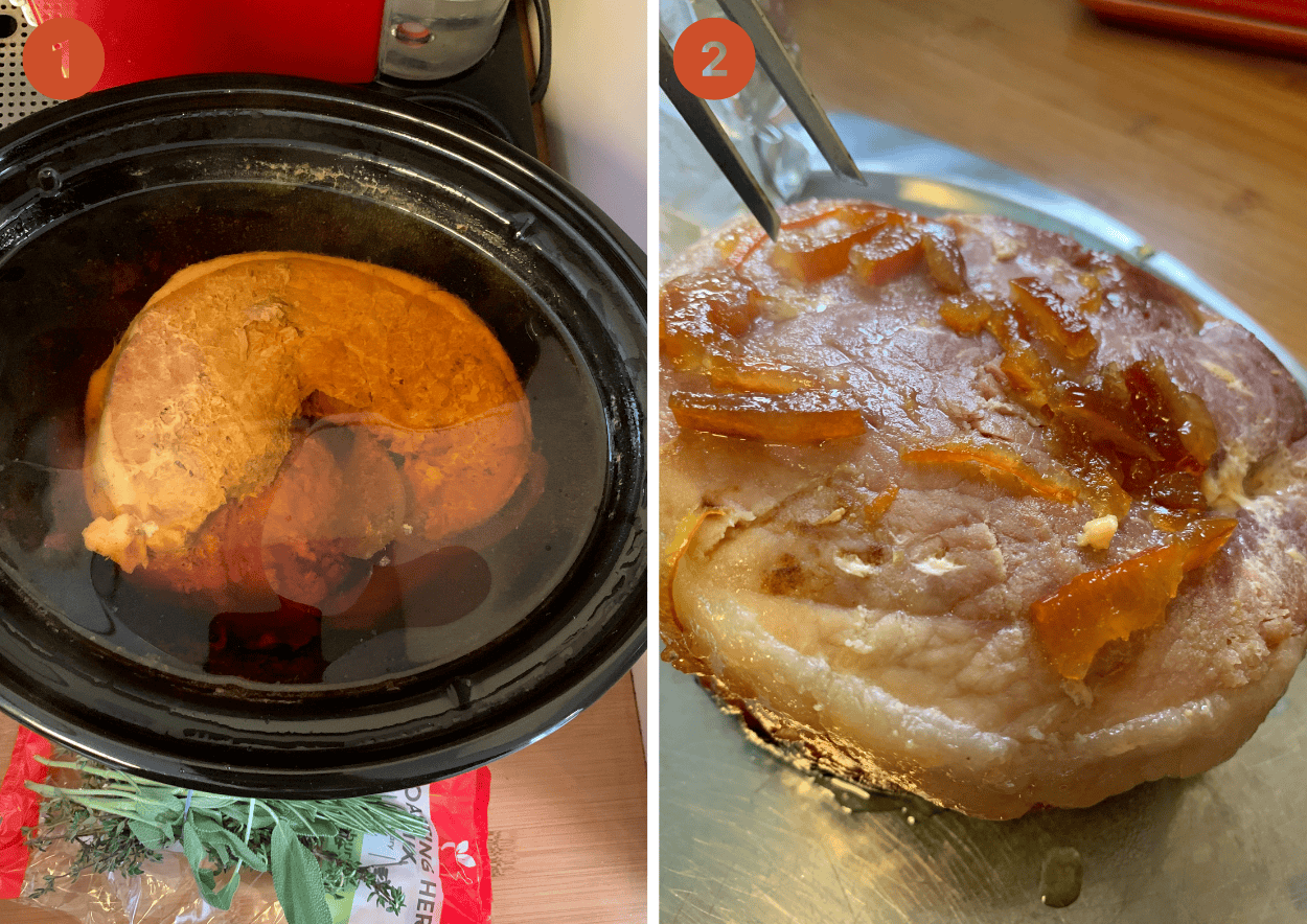 Left: The gammon in the slow cooker submerged in ginger beer and right: the cooked gammon ready to be glazed.