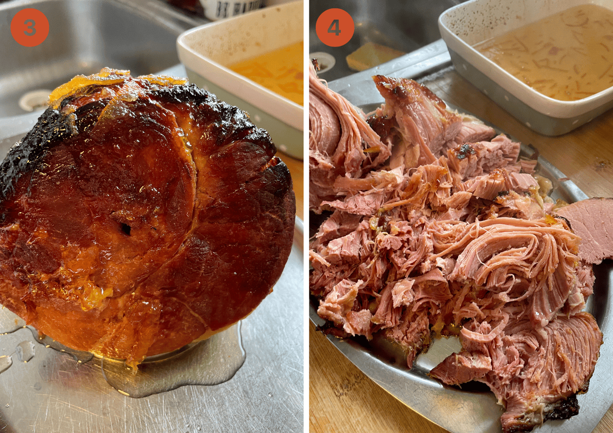 The ham after grilling with the glaze on (left) and the ham shredded with a fork (right).