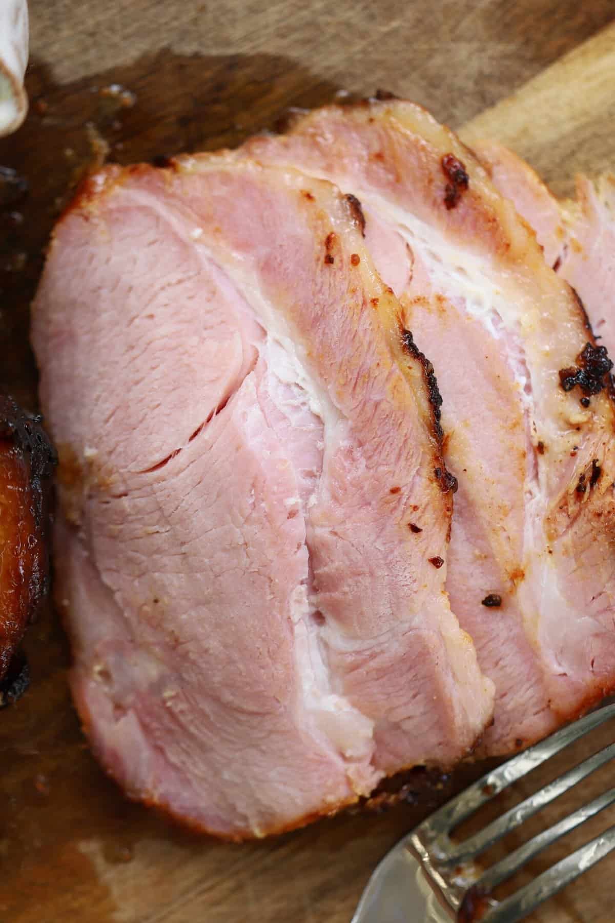 Close up of slices of air fryer ham.