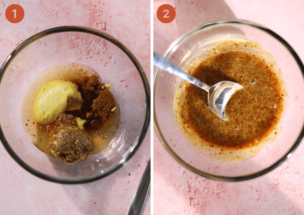 Making a honey and mustard glaze in a glass bowl for air fryer gammon.