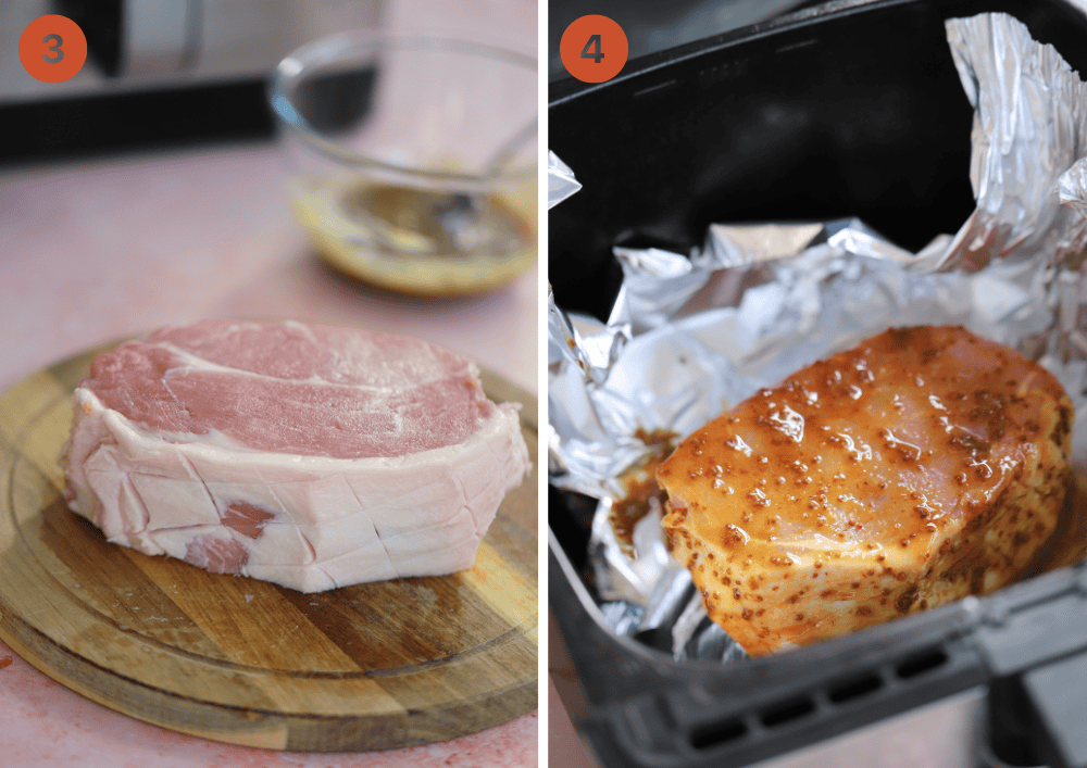 A raw gammon joint on a chopping board (left) and in the air fryer (right).